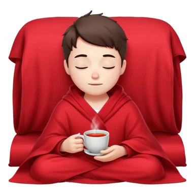 A European boy is sitting comfortably under a blanket, wrapped in a red blanket, drinking tea with his eyes closed. sticker
