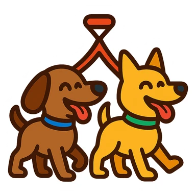 original emoji for selling double leash for walking two dogs, representing joy, control, and harmony, showing two happy dogs walking together with a double leash, vibrant and friendly style sticker