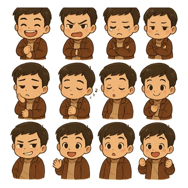 Convert the image into a set of chibi stickers (4x4 grid) outfit similar to this one including expressions of laughing being angry, crying, sulking, thinking, being sleepy, blowing kiss,winking, being suprised sticker
