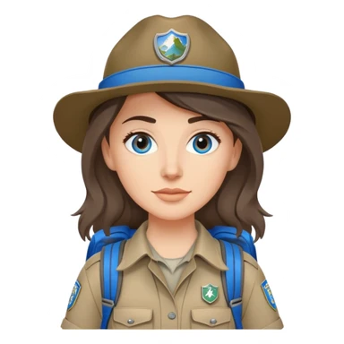 white woman park ranger with gray and brown hair, blue eyes, wearing a backpack sticker