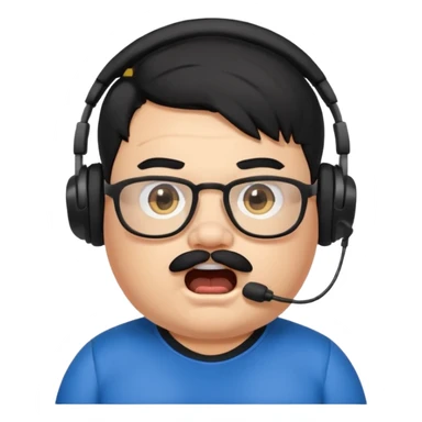 "A cartoon-style emote of a chubby streamer with black hair, mustache, and glasses, wearing a headset and a black Puma shirt. He has a shocked facial expression with wide eyes and an open mouth.

 sticker