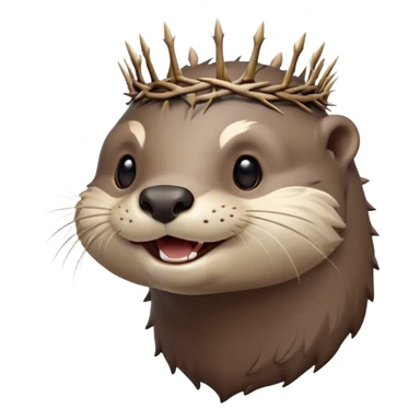 really cute smiling joyful otter face in three-quarter profile view with simple thorny stem wrapped horizontally around its forehead like Jesus Christ's Crown of thorns, no crown shape on top, just thin spiky branches circling the forehead sticker