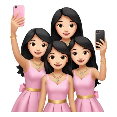 Just 3 besties with professional glammed up looks wearing pink and white, all medium skin tone smiling big with black long hair. Very girly wearing simple jewelry, taking a selfie  sticker