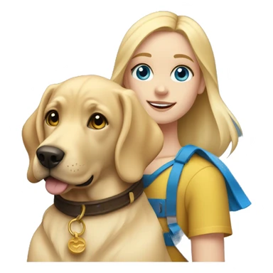 Blonde girl with blue eyes holding a golden Labrador with a blue collar sticker