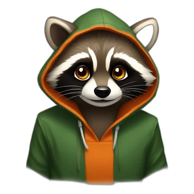 brown raccoon with orange eyes and a dark green hood that is smiling sticker