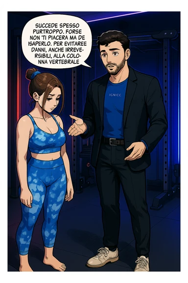 fai questa immagine in versione fumetto/manga/webtoon a colori, il manga mostra l'uomo che risponde alla donne:
Succede spesso purtroppo. 
Forse non ti piacerà ma devi saperlo, per evitare danni, anche irreversibili, alla colonna vertebrale e un potenziale intervento chirurgico. sticker