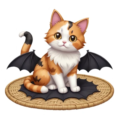 cat sitting on a mat with two bats flying nearby sticker