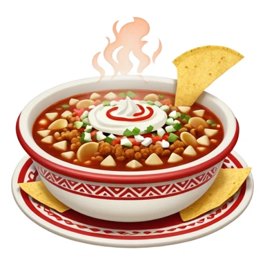 a hot bowl of pozole with a side of tostada with sour cream and red salsa sticker