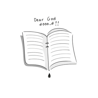 Hand-drawn notebook page with "Dear God" written at the top in a student's handwriting, looking like the start of a desperate essay sticker