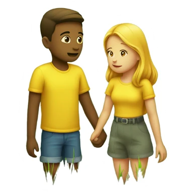 two bright yellow emojis of a boy and a girl holding hands on a lush green grass field. The girl is looking away, as if she is about to leave. The boy is looking at her with a sad expression, as if he doesn't want her to go. sticker