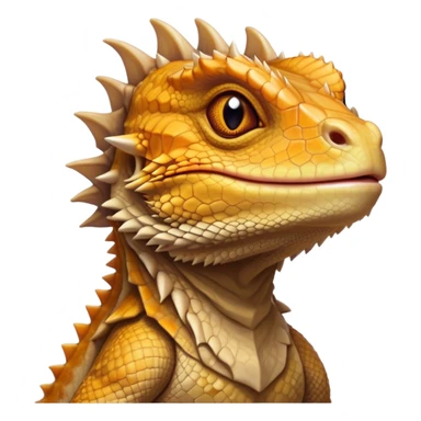 Cinematic Noble Bearded Dragon Portrait Emoji, Poised and regal, with a robust, angular build and a textured, scaled hide in earthy olive and sandy tones, a prominent spiky 'beard' beneath its chin and a keen, alert gaze, Simplified yet sharp and sophisticated features, highly detailed, glowing with a soft, dignified glow, high shine, intelligent and fierce, stylized with an air of desert majesty, focused and attentive, soft glowing outline, capturing the essence of a watchful and commanding reptile, so majestic it feels as though it could scuttle out of the screen with effortless authority! sticker