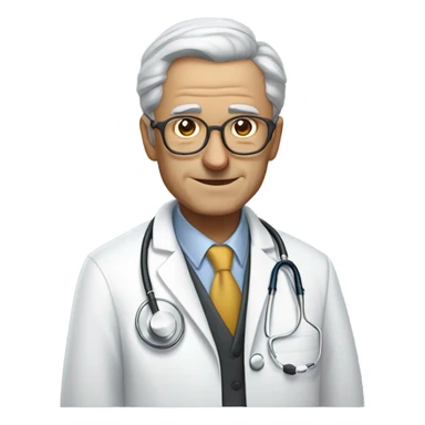 "An older man with thin, neatly combed gray hair, a sharp nose, and a cold, analytical look. He wears a pristine white coat, thin glasses, and carries a stethoscope." sticker