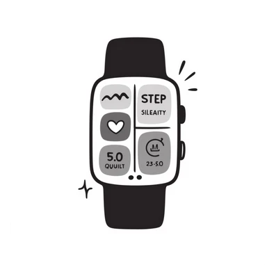 A fitness smartwatch with health tracking display in pastel colors (dd9fb0, ffc6d3, a3bfc9, c4bee2, f1b091), hand-drawn doodle style sticker