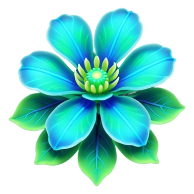3D render of Avatar-style Flower, bioluminescent deep sea style, glowing neon blue and green lights, dark background to contrast the glow, translucent organic textures. sticker