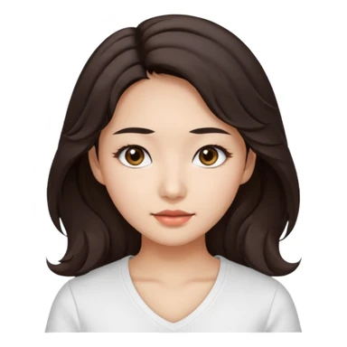 iOS style emoji. A girl with very long dark brown wavy hair. And the eyes color is dark brown. And she is wearing white t shirt with V kneck. And she is 30. She is Asian with double eyelids  sticker