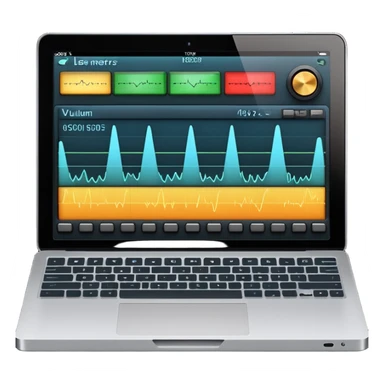 Close-up shot of a laptop screen clearly visible, showing a professional audio mixing interface focused on voice editing: audio level meters (VU meters) moving, voice waveform, volume faders, EQ panel, compressor, limiter, noise reduction, de-esser, gain controls sticker