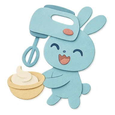 chibi hand mixer-rabbit hybrid, spinning cream, joyful expression, soft pastel blue, full-body sticker
