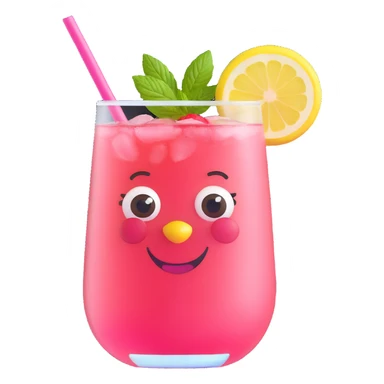 cheerful memoji-inspired character as glass of strawberry spritz lemonade with expressive eyes, big smile, pink bubbly drink, strawberry slices, mint, lemon, striped straw, fun stylish sticker