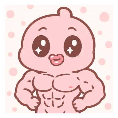 Make the kawaii character look buff and muscular, keep the silly and pretty pink style, sparkling eyes, glossy lips. sticker