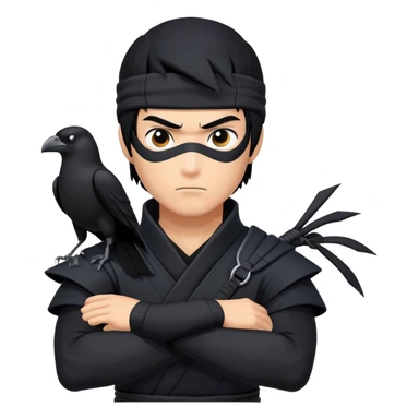 clash-of-clans-aesthetic_-cinematic-mysterious-male-ninja-portrait-emoji, rendered in a flat, vector-style with minimal shading and bold, simplified shapes, with a head slightly turned revealing intense, focused eyes. the ninja has his arm out and perched on top of his forearm is  a  giant black crow sticker