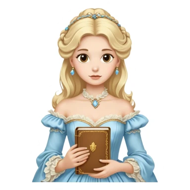 Blonde model with brown eyes wearing a light blue silk rococo gown clutching a golden notebook sticker