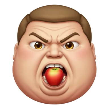 obese man mouth wide open as if shouting, bulging eyes, angry, with 'PRONOUNS' at the top, Apple emoji style sticker