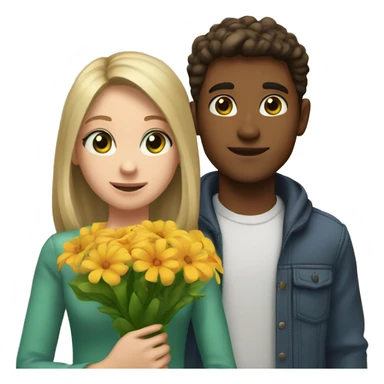 a girl with shoulder-length blond hair, green eyes, stands with a bouquet of flowers, next to her is a boy, brown eyes, brown hair, holding a CFS package sticker