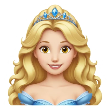 A girl with big blond hair and yellow eyes, wearing a Disney princess costume, smiling sticker