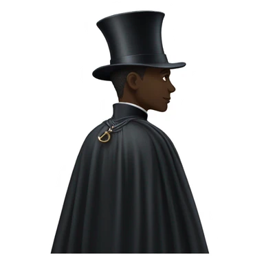 back profile of black magician, cape that says Dior sticker