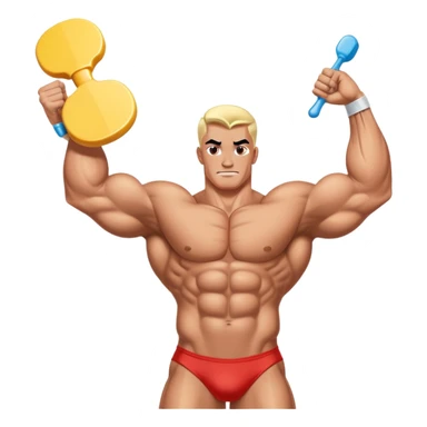 Cartoonish pro bodybuilder on stage - left arm normal, right arm grotesquely swollen like water wing pool float. Judges holding "10" paddles shaped as diuretic pills. 90s comic book halftone shading. sticker