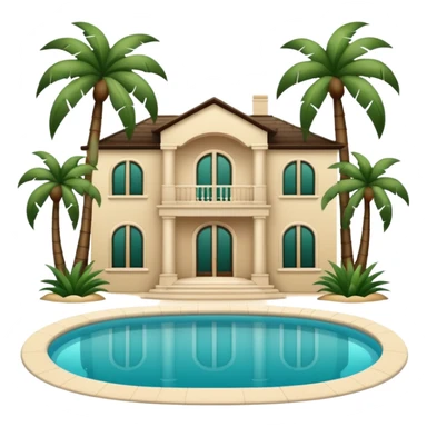 light beige luxury villa with dark green palm trees and swimming pool, emoji style sticker