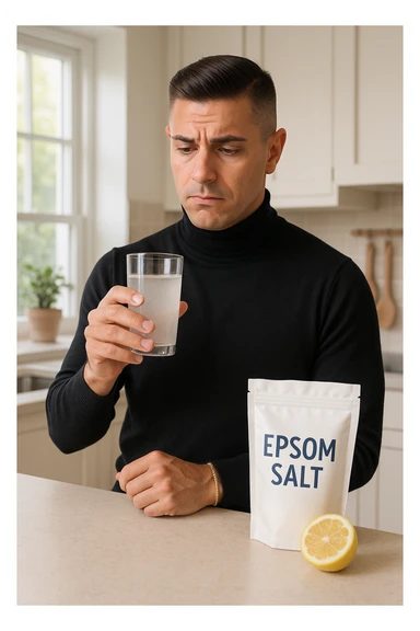 A realistic, bright photo-style image of a young man in his 30s standing in his kitchen, holding a clear glass filled with water in which Epsom salt (magnesium sulfate) has been dissolved. He looks focused but slightly uncertain as he prepares to drink it for a liver flush or digestive cleanse. The glass shows slight cloudiness from the dissolved salt. On the counter are a packet labeled 'Epsom Salt' and a sliced lemon, suggesting he might use it to mask the taste. The setting is clean, natural, and bright with neutral tones. The background shows sunlight streaming through a window, emphasizing a clean, minimalist health-focused environment. The mood conveys a realistic, calm moment of self-care with a hint of discomfort, illustrating a natural detox practice in italiano sticker