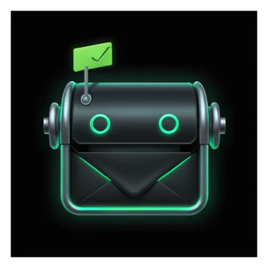 green mailbox robot icon, neon glow, black background, white envelope with code inside, centered, cyberpunk style, futuristic UI

 sticker