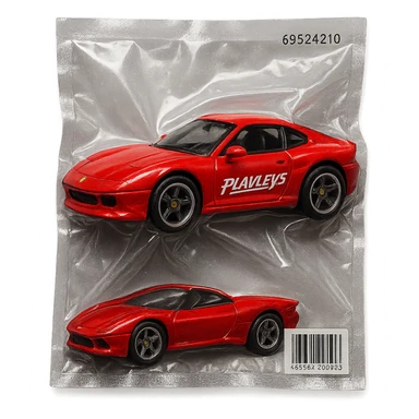 red Ferrari in Hot Wheels packaging, 'PLAVLEYS' in stylized racing script on the door, glossy vacuum-sealed style sticker