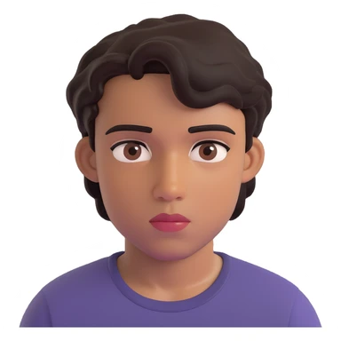 apple style 3D emoji of a teenage boy, front-facing, medium-brown skin, rectangular face, short wavy black hair, thick eyebrows, dark brown almond eyes, calm neutral expression, medium nose, full lips, faint mustache, black t-shirt, faint scar on right cheek, no headphones, plain background sticker