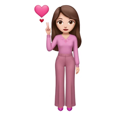  emoji, inspired with brunette hair, brown eyes, long hair, heart shape lips and pink make up  and pink nails, mauve pink blush and brown wide leg pants, burgundy shoulder drop shirt, brown heels , princess hair, brown heels  sticker