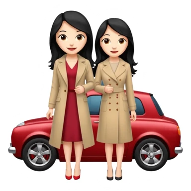 A fast, expensive black car with a young woman beside it The young woman has long black hair, wears a beige formal coat, and underneath is a cherry-colored dress.   sticker