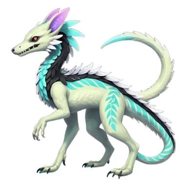 Rare glowing neon realistic tribal patterned whitish pastel colorful iridescent shiny glossy feathery epic handsome gorgeous aesthetic black-skulled Vernid-Trico-Sergal-Salandit-Nargacuga-species-Fakemon-creature by LiLaiRa, 4 legs, 1 tail, random markings, (full body) long ears sticker