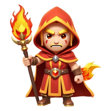 Clash of Clans aesthetic: Cinematic Ferocious Fire Mage Hero closeup Emoji, rendered in a 3D vector-style similar to standard emojis with minimal shading and bold, simplified shapes. A compact, isometric figure draped in flowing, charred and ember-lined robes, wielding a fiery staff crackling with intense flames. Eyes burning with an infernal glow, exuding raw, untamed power. Simplified yet unmistakably iconic, highly detailed and consistent, glowing with a fiery, molten radiance and high shine. Stylized with a touch of menacing sorcery and a searing, ember-infused outline, capturing the essence of a wrathful mage ready to unleash devastating fire magic! sticker