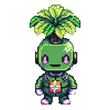 Green bomberman character, nature themed design, plant-like antenna, friendly expression, cute pixel art style sticker