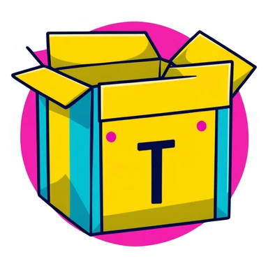 Minimalist sticker with white 'tt' letters on a black circle with cyan, magenta, and yellow dots below, shipping box with street style influence sticker