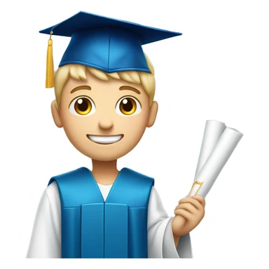 a happy boy with blue eyes and white skin wearing graduation cap while holding a diploma in his right hand  sticker
