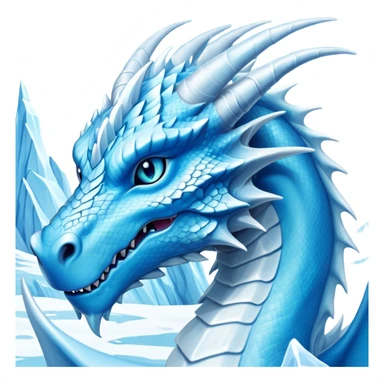 Cinematic Noble elegant Ice Dragon Portrait Emoji, Poised and imposing, distinct long elegant snout, with a slender, scaled body shimmering in glacial hues of icy blue, frostbitten silver, and crystalline white, breathing out frost, with piercing, glowing ice blue white eyes that radiate the chilling depths of an arctic storm; rendered in detail. excuding wisdom sticker