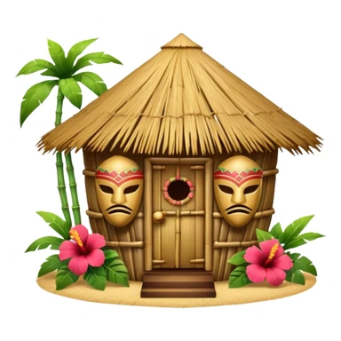 Hawaiian tiki hut house, round tropical hut, bamboo details, thatched roof, tiki masks decoration, hibiscus flowers, cute mobile game icon, 3D cartoon, clean background, no text sticker