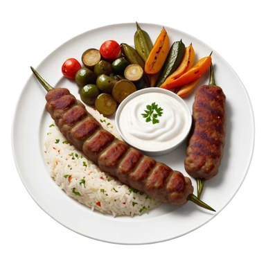 Cinematic Realistic image of a long, hand shaped Turkish Köfte, rendered with richly spiced meat textures and subtle grill marks, artfully arranged on a traditional Turkish ceramic plate alongside classic sides such as a serving of aromatic pilaf, crisp grilled vegetables, and a dollop of creamy yogurt, all bathed in warm, appetizing lighting that emphasizes its savory allure. sticker
