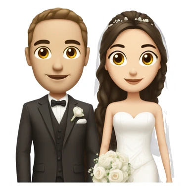 bride with long dark brown hair and groom with white suit sticker