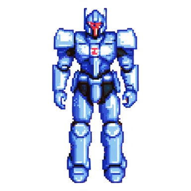 Nemesis Prime standing pose, pixel art, metallic blue and black armor, red highlights, retro video game look sticker