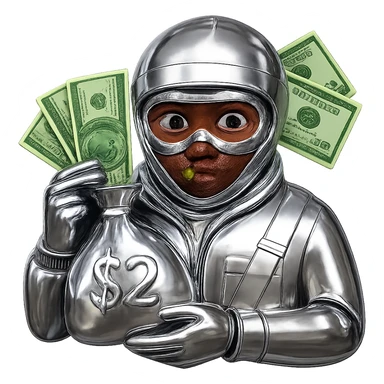 Edit the image to make the face brown and the money green, keep everything else in chrome 3D metallic style. Remove the background. sticker