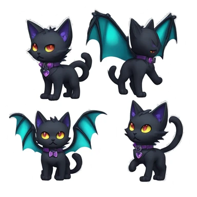   cool edgy kawaii anime ethereal dark-punk-themed animal vampiric cat-hybrid Fakemon with fangs and bat-wing-ears with a collar full body sticker