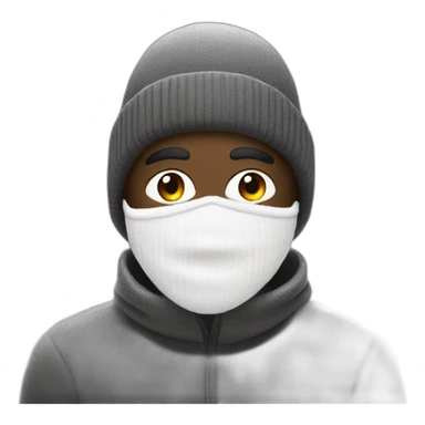 A black man wearing a white ski mask hiding the whole face except the eyes adorned with short white wool threads sticker